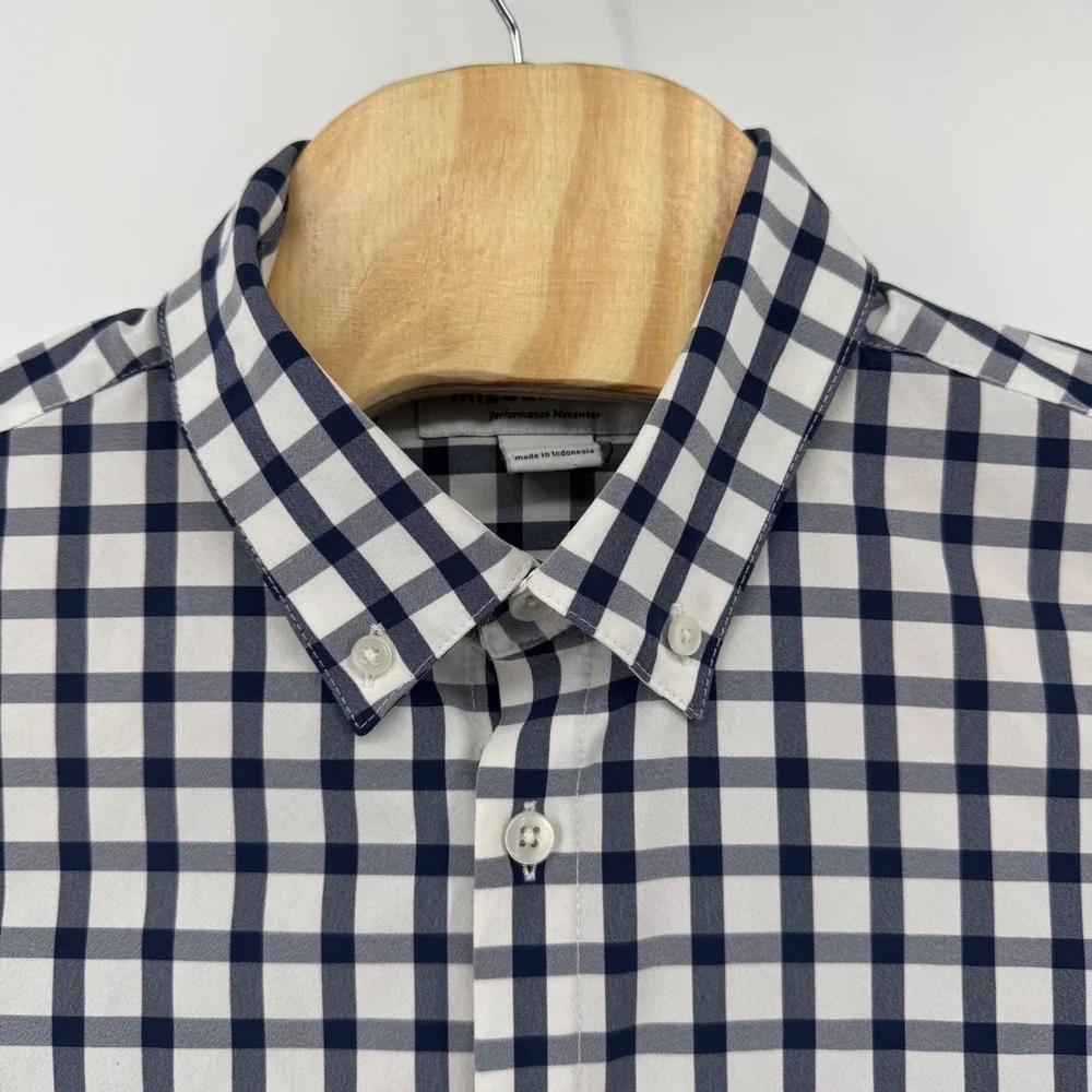 Mizzen + Main Mens Performance Short Sleeve Gingham Shirt Navy White Classic M